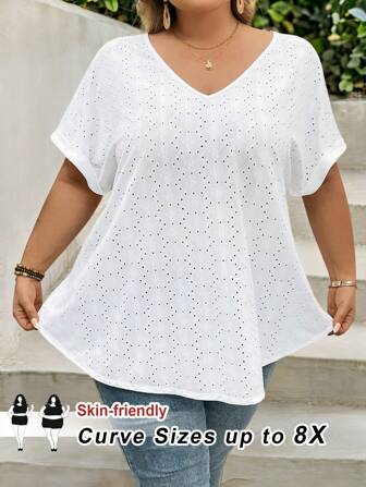 SHEIN CURVE+ Plus Size Women Mother's Day Fashion White Short Sleeve Loose Top Boho Vacation