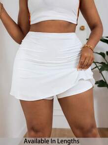 SHEIN PETITE CURVE Spring And Summer Break Solid Ruched Ruffle Hem White Skirt - White - View 1