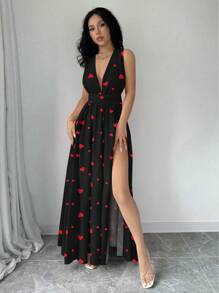 Chiquease 欧美性感爱心印花情人节约会百搭宴会度假休闲波西米亚大裙露背挂脖吊带多种穿法设计蝴蝶结开衩长裙 - 黑色 - 查看 7