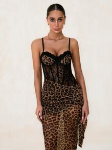 Glamine 性感优雅蕾丝豹纹不对称腰部透视鱼骨褶皱细节单肩带长裙女式超长女装 - 彩色 - 查看 4