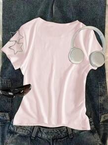 Sparklyn Tween Girls Heart Print Crew Neck Short Sleeve Casual T-Shirt Summer Holiday - Baby Pink - View 2