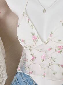 Lunelith SHEIN Lunessa Women's Floral Embroidery Mesh Sheer Halter Neck Camisole