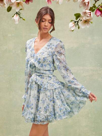 L'Amorae 女士度假花卉印花荷叶边下摆优雅连衣裙，女士早午餐套装，母亲节