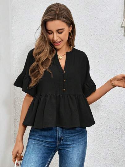 SHEIN Essnce Casual Texture Half Placket Ruffled Shirt For Leisure At Home,Short Sleeve Tops