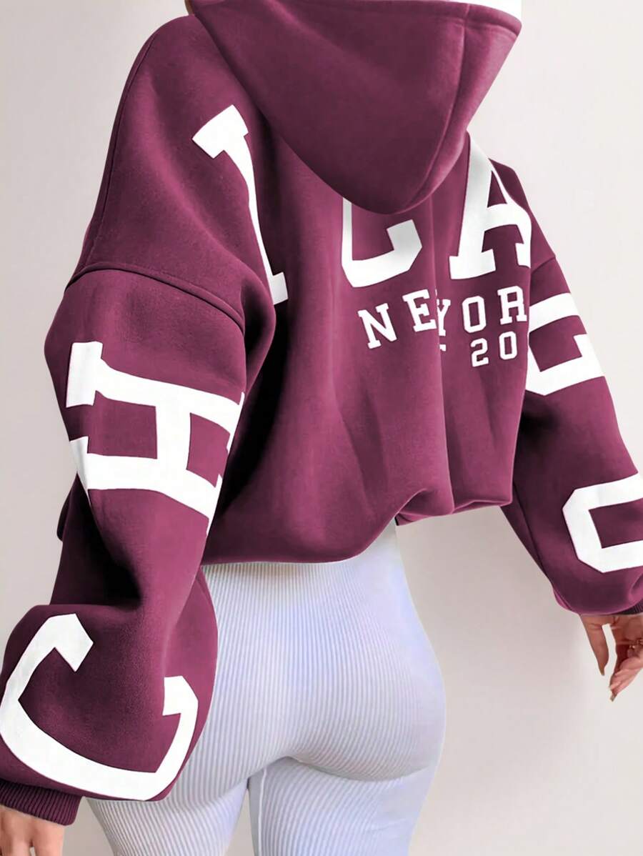 INAWLY 字母印花长袖连帽运动衫，女士春秋季休闲抽绳腕长袖连帽常规版型常规热粉色落肩套头衫女式连帽衫 - 玫紅色 - 查看 1