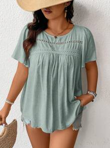 SHEIN Frenchy Plus Size Women Solid Color Contrast Lace Ruffle Sleeve Blouse - Mint Green - View 4