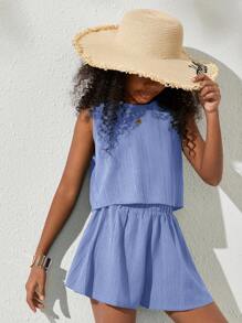 SHEIN NovaGlow Tween Girl Tween Set de pantaloni scurți și top țesuți fără mâneci, casual, de culoare uni - Bleu - Vizualizare 5