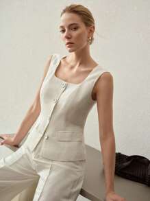 MOTF PREMIUM CHALECO SIN MANGAS CON BOTONES DE LINO