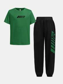 SHEIN Leap Crew 2 件装 Tween Boy 橄榄绿色字母印花 T 恤和慢跑裤套装 - 墨綠色 - 查看 10