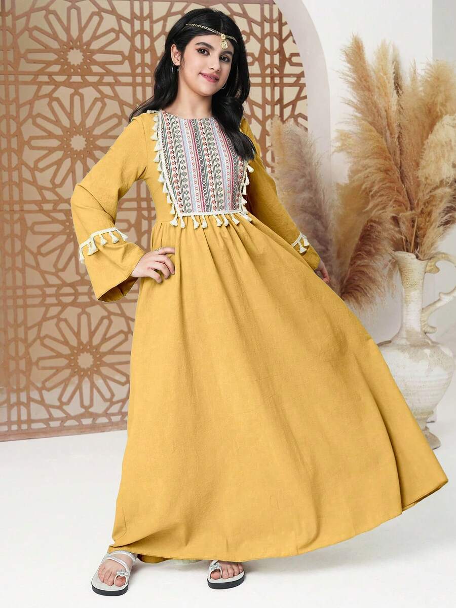 Teen Girl Round Neck Long Sleeve Simple Fashion Dress, Suitable For Summer - Yellow - View 1