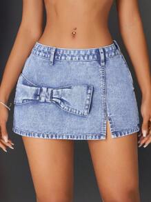 SHEIN ICON Fashionable Casual Bowknot Decor Ladies Denim Mini Skirt