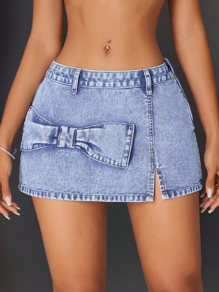 SHEIN ICON Fashionable Casual Bowknot Decor Ladies Denim Mini Skirt