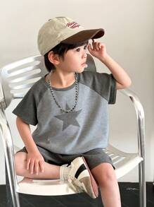 SHEIN Leap Crew 买 2 送 1，3 件/套年轻男孩/女孩舒适宽松韩版星星印花拼接撞色袖圆领 T 恤和短裤套装配项链，适合通勤、上学、休闲、度假 - 灰色 - 查看 7