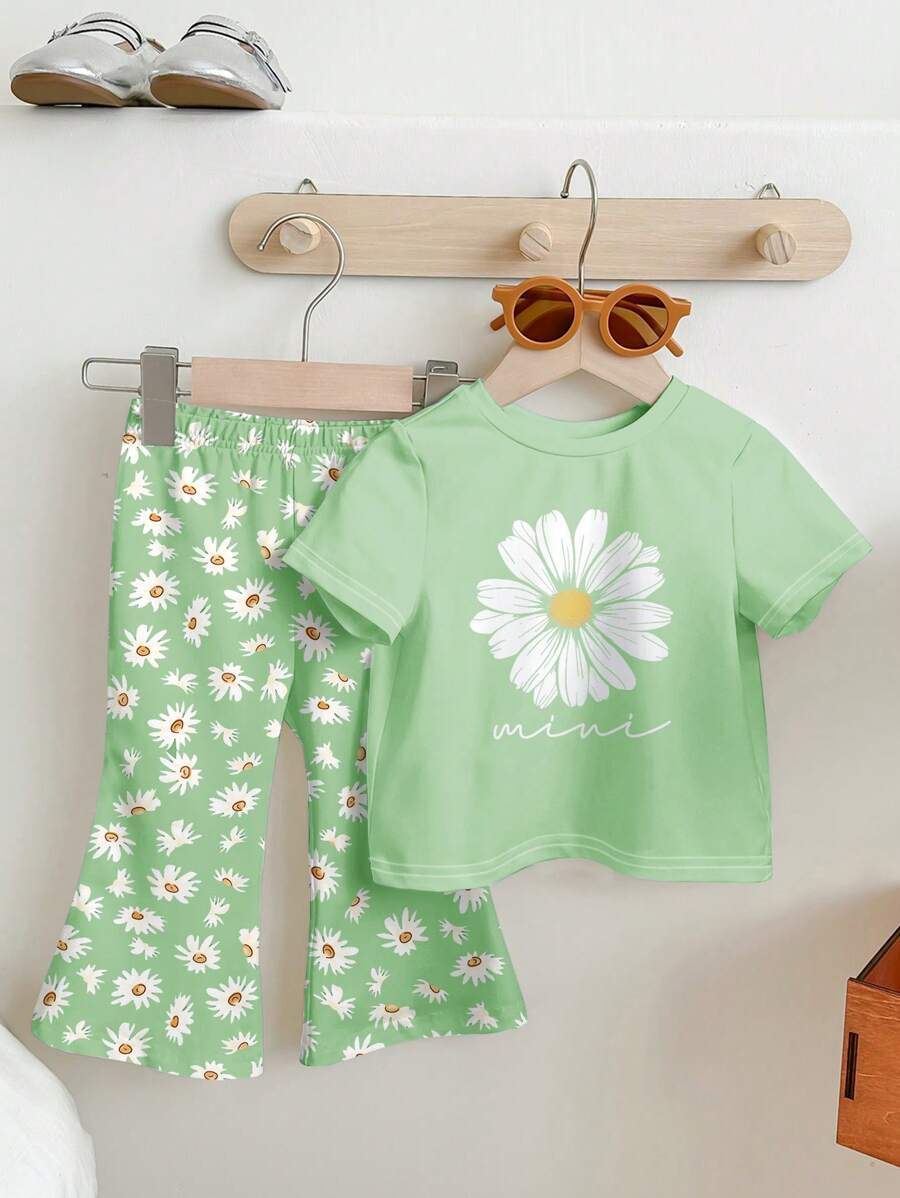 SHEIN Leap Crew Baby Girl Casual Simple Short Sleeve Round Neck Long Pants Set, Suitable For Spring/Summer - White - View 1