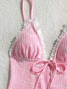 Swim Mod 2pcs/Set Minimalist Cute Textured Fabric Long Tankini Top And V-Cut Bottom Swimwear For Summer Beach Vacation - Multicolor - View 8