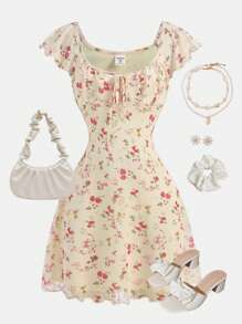 SHEIN 少女碎花印花收腰荷叶袖蝴蝶结A字针织连衣裙，优雅百搭，适合外出、约会、夏季穿着、海滩度假等各种场合。 - 黃色 - 查看 2