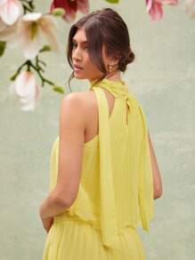 L'Amorae Atasan Choker Halter Berlipit Polos Elegan untuk Musim Panas - Kuning - View 2