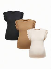 SHEIN Maternity Solid Color Round Neck Cap Sleeve Casual Ribbed T-Shirt - Khaki - View 2