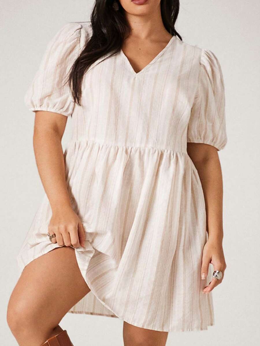 SHEIN VCAY Women's Plus Size Light Blue Striped V-Neck Puff Sleeve Mini Dress,Summer Boho Vacation Holiday Casual Colorblock Sun Dresses For Wedding Guest Beach - Multicolor - View 1