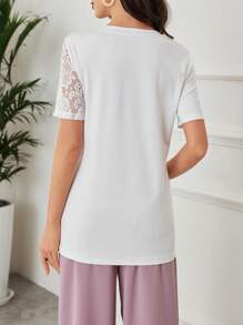 Seusyu Elegant White Lace Top For Women: Short Sleeve, Floral Lace, And Asymmetrical Button Design - White - View 2