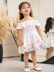 SHEIN 女婴夏季情人节缎面花卉图案露背上衣和迷你裙两件套