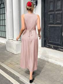 Pariaura 优雅法式单排扣纯色无袖系带女式连衣裙 - 淺粉色 - 查看 2