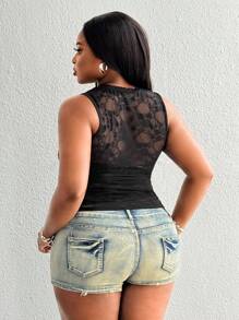 Maweii Plus Size Lace Sexy Sheer Cropped Camisole - Black - View 4