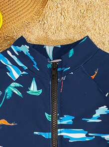 SHEIN Tween Boys Full Print Snug Fit One-Piece Knitted Swimsuit, Casual - Navy Blue - View 5