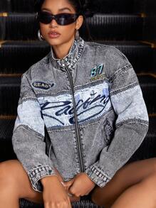 SHEIN ICON Áo khoác denim cổ đứng thêu họa tiết khối màu phong cách Biker dành cho nữ - Rửa trung bình - Xem 5