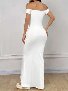 SHEIN EZwear Elegante vestido largo de sirena blanco con hombros descubiertos y ajustado para mujeres, vestido de verano, atuendos para vacaciones, playa, Y2K, festival de música