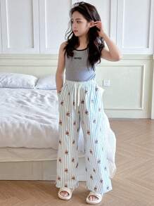 Dazy Kids 少女印花长裤，适合家居服、春夏季和返校服 - 淺藍色 - 查看 3