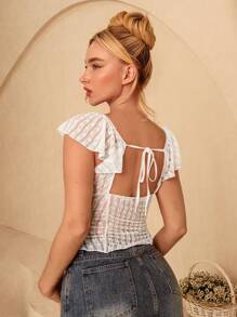 Glamine Women's Summer White Lace Jacquard V-Neck Cap Sleeve Slim Fit Backless Sheer Design Blouse,Summer Tops,White Top,Crop Tops - White - View 2