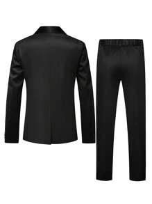 Manfinity Mode 2pcs Men Business Outfit: Solid Color Notch Lapel Long Sleeve Blazer And Pants Suit, For Autumn - Black - View 2