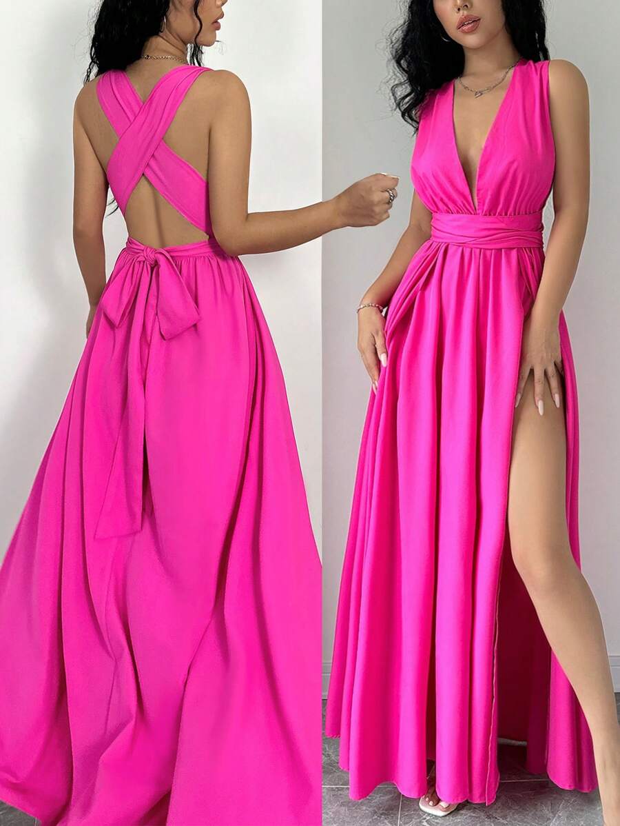 Rafferiza 欧美性感纯色 V 领开叉大腿宴会礼服配领带及地长裙女士服装 - 玫紅色 - 查看 1