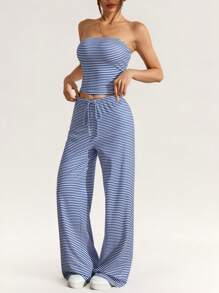 SHEIN PETITE Women Stripe Print Cropped Top And Pants 2 Pieces Set, Casual And Fitted - Blue and White - View 8