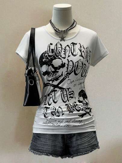 INAWLY Women's Summer Punk Rock Slim Fit Skull Print Short Sleeve T-Shirt
