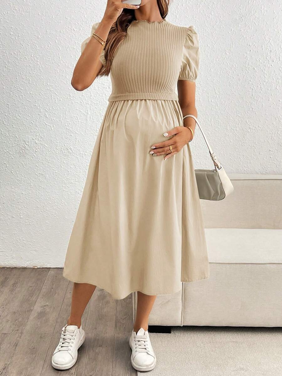 SHEIN Puff Sleeve Fitted Maternity Dress, Elegant Dress - Apricot - View 1