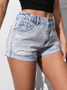SHEIN EZwear Shorts Denim Lavados e Desgastados Casuais para Mulheres - Lavagem clara - Visão 4