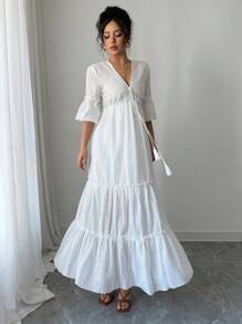 Elenzga V-Neck Flare Sleeve Hollow Out Embroidered Maxi Vacation Dress - White - View 4
