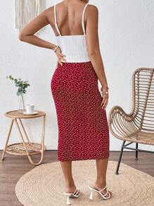 SHEIN طقم حوامل مكون من 2 قطعة: قميص كامي بلون أحادي وتنورة مطبوعة بشكل قلب، طراز عطلة عصري - أبيض - مشاهدة 2