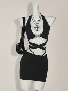 SHEIN ICON 2 件套女士 Y2k 外出度假两件套夏季套装交叉胸前紧身胸衣短款上衣和低腰裙套装 - 黑色 - 查看 12