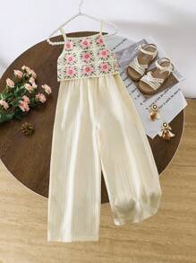 SHEIN Floral Pattern Loose Fit Sleeveless Wide Leg Jumpsuit For Young Girls - Multicolor - View 1