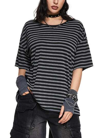 Grunge Punk Women Punk Music Festival Striped Round Neck Short Sleeve Loose Fitting T-Shirt In Black And Gray