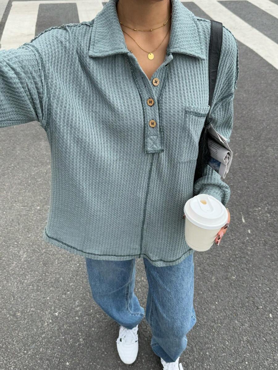 SHEIN Essnce 女式秋季纯色蓝色落肩长袖口袋半开襟 T 恤 - 綠色 - 查看 1