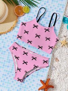 Tween Girls Cute Bow Printed Casual Minimalist Camisole & Triangle Bikini Swimwear Set, Pink, Suitable For Summer - Pink - View 1