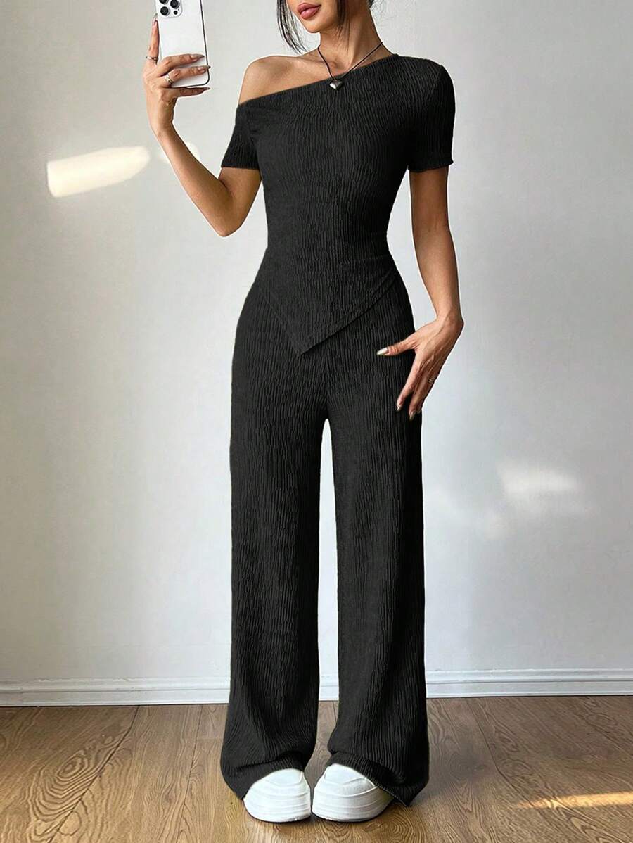 Flirla 2pcs Set: Asymmetrical Asymmetric Shoulder T-Shirt + Wide Leg Low Waist Pants, Casual Loungewear - Black - View 1