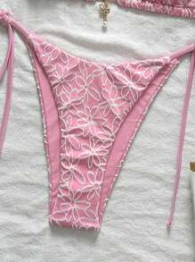 SHEIN 2pcs Beach Summer Outfits For Women: Gold Floral Textured Halter Top And Tie Side Bikini Bottom Set - Pink - View 3