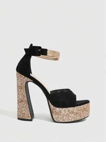 Cuccoo CUCCOO LuxiPop Women's Round Toe High Platform Chunky Heel Sexy Gold Colored Stilettos, Fashion High Heels Sandals, Suitable For Night Outfit, Street Style, Date, Party And Summer Wear
