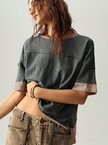 Bohemela Áo thun nữ cổ tròn tay ngắn màu trơn đơn giản dáng rộng - Màu xám đen - Xem 4