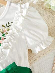 SHEIN Tween Girls Floral Print Puff Sleeve Tied Waist Elegant Dress - Green - View 6